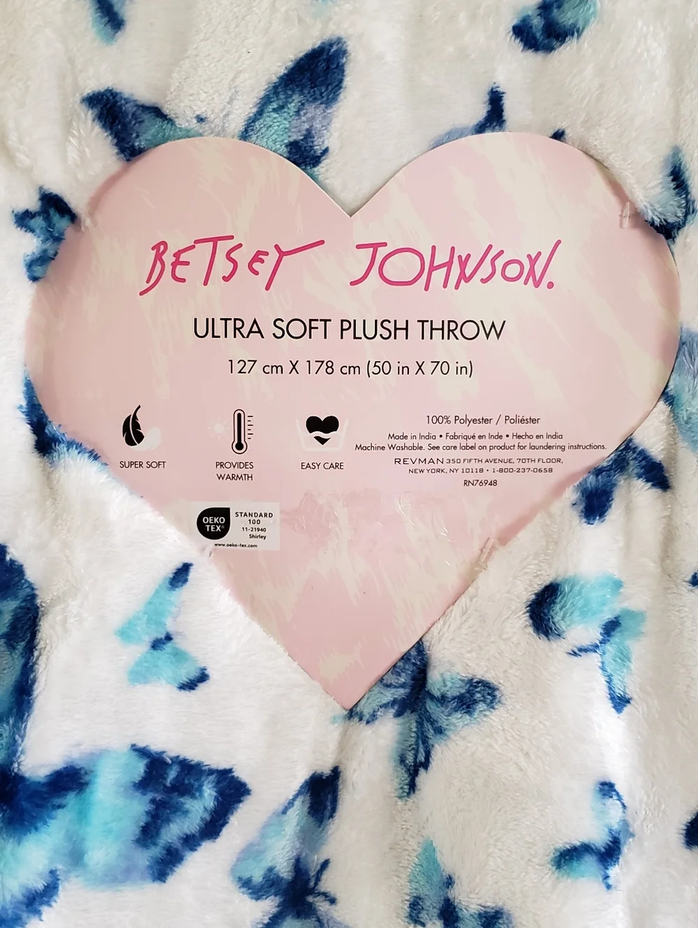 Betsey Johnson White & Blue Watercolor Butterfly 50 X 70 Plush Throw Blanket NWT